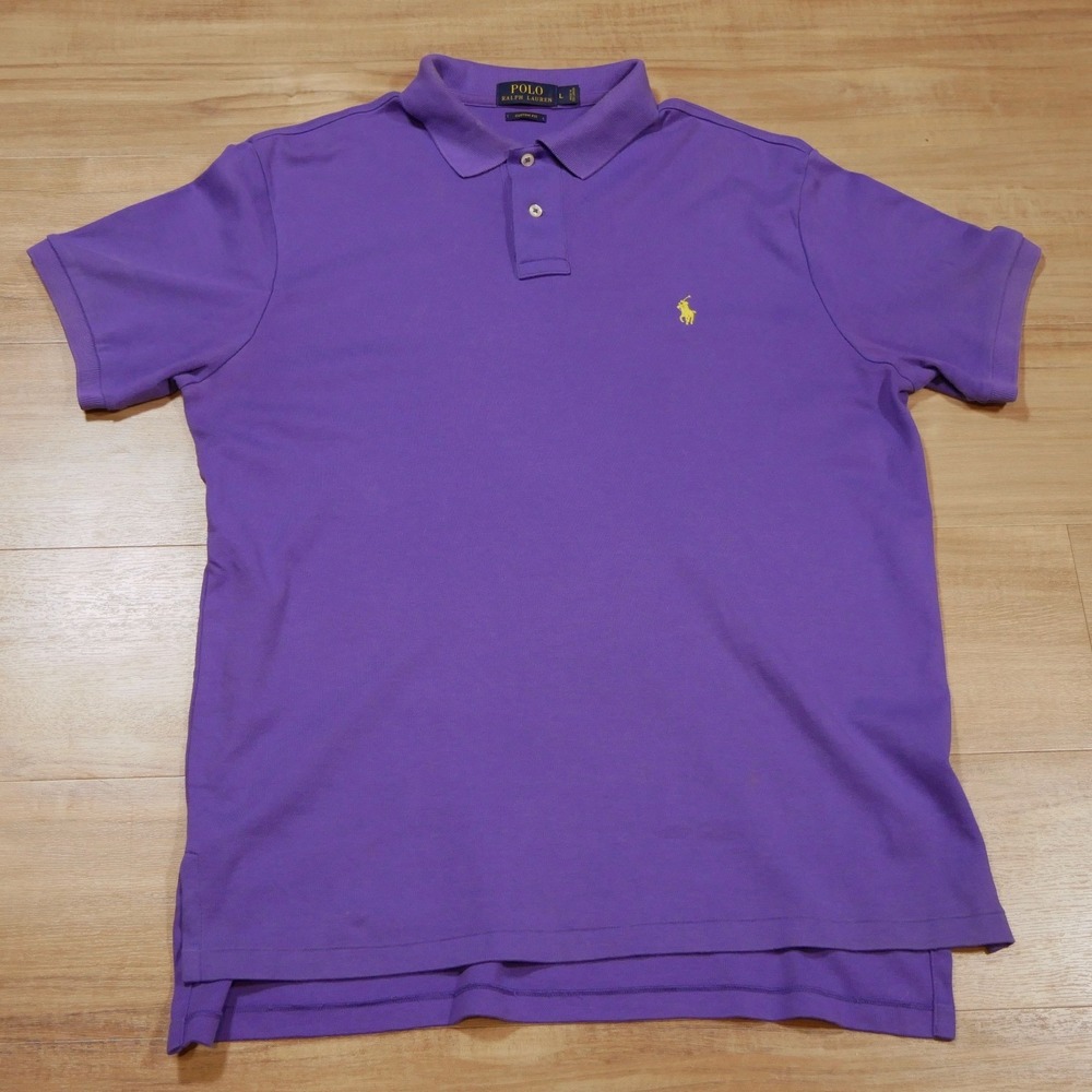 Polo Ralph Lauren Mens Custom Fit Purple Cotton Mesh Polo Shirt L‎ Yellow Pony